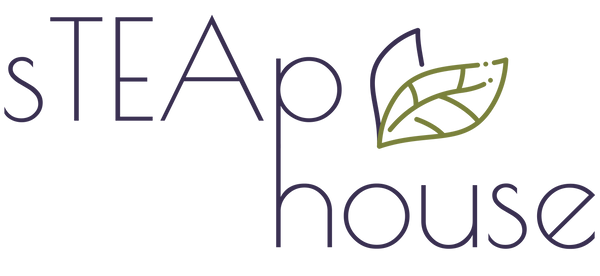 sTEAp house logo - text with image of 2 leaves in purple and green
